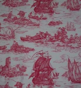 Tissu ancien , beaux motifs de bateaux, impressions toile de Jouy