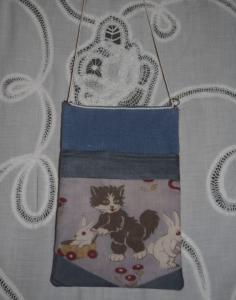 Pochette en tissus anciens à suspendre , rare tissu motif " chat "