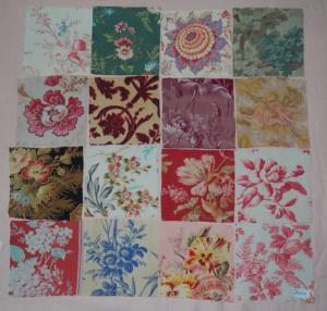 Lot de 16 coupons de tissus anciens pour patchwork ( 15 x 15 cm )