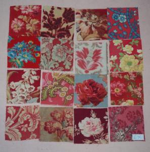 LOT DE 16 COUPONS DE TISSUS ANCIENS POUR PATCHWORK, dominance rouge