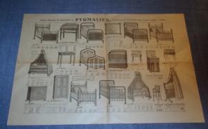 Grande publicité ancienne ou prospectus 1909, A Pygmalion, meubles, lits et berceaux