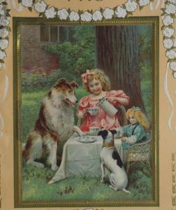 Reproduction ancienne , petite fille et poupée , dinette