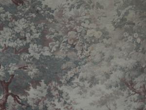 Beau tissu ancien, 19 ème , sous-bois, arbres , fleurs , tons fanés 