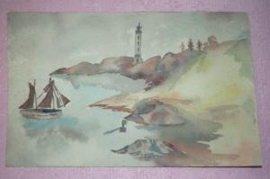 Petite aquarelle ancienne bord de mer, 1926