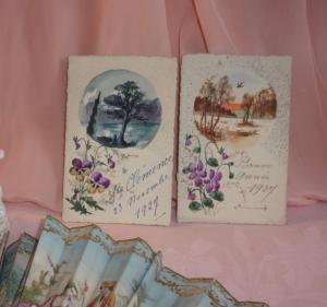 2 jolies aquarelles anciennes sur cartes 1927