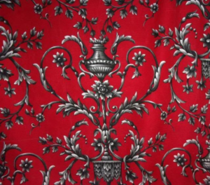 tissu ancien ,vases, feuilles d'acanthes, fond rouge