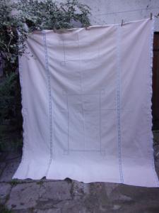 ancien, dessus de lit, nappe, rideau , vintage , avec dentelle, et jours main, coloris beige, déco campagne