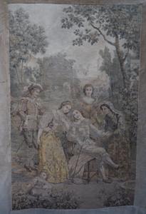 panneau décoratif ancien , tapisserie 19ème, scène romantique , shabby, tons fanés