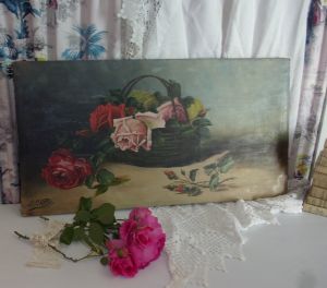 JOLIE PEINTURE ANCIENNE DE ROSES. HUILE SUR TOILE