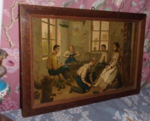  Charmante chromolithographie ancienne  (chromo) , l'atelier du cordonnier