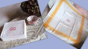 6 serviettes anciennes de table, jolies bandes jaunes tissées