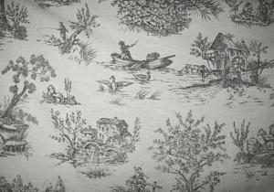 Tissu ancien impression toile de Jouy, scènes romantiques