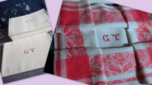 6 serviettes anciennes , bandes rouges , éventails , GT