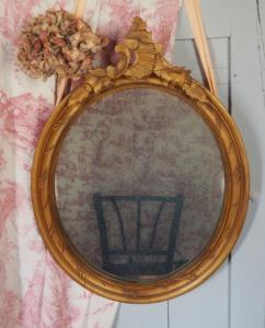 Grand miroir ancien en bois doré, miroir ovale, déco shabby