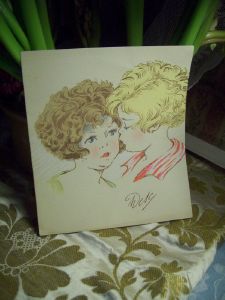  Petite gravure ancienne réhaussée d'aquarelle. Enfants