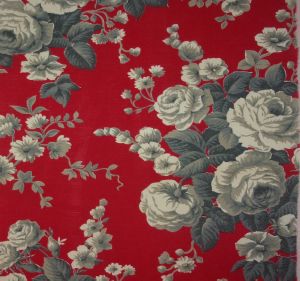 TISSU ANCIEN JOLIES ROSES, fond rouge