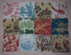 Lot de 12 coupons de tissus anciens pour patchwork, motifs , personnages , oiseaux, etc ...