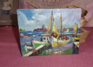 charmante petite peinture vintage, peinture à l'huile sur panneau, bateaux, bord de mer