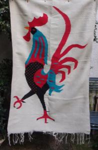 Grand tissage vintage artisanal, coq, oeuvre d'artiste
