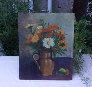 Peinture ancienne , bouquet de fleurs