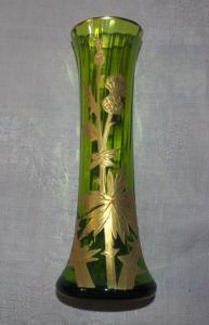 Joli petit vase ancien , chardons dorés , coloris vert