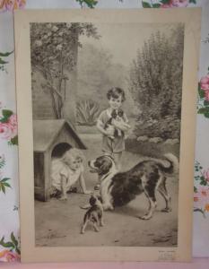 Grande gravure ancienne reproduction ancienne sur carton, , enfants et chiens , à encadrer