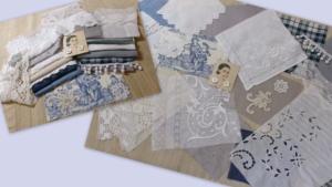 Bon lot éléments anciens , pour créations textiles, scrapbooking, patchwork, dentelles anciennes , broderies anciennes, bleu et blanc