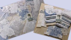 Bon lot éléments anciens , pour créations textiles, scrapbooking, patchwork, dentelles anciennes , broderies anciennes, bleu et blanc