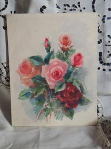 grande aquarelle ancienne " roses" 