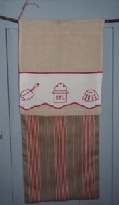 Grand sac mural, tissus anciens ,toile 19ème rayée rouge, sac à pain, campagne, motifs cuisine
