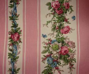 TISSU ANCIEN LARGES BANDES FLEURIES, guirlandes de roses 