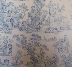 Tissu ancien impression toile de Jouy , coloris bleu